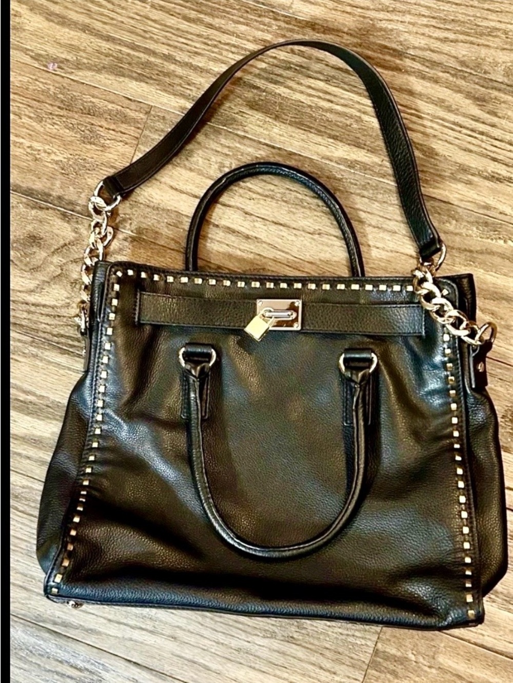 Michael Kors Black Stud-Trim Leather Satchel Handbag